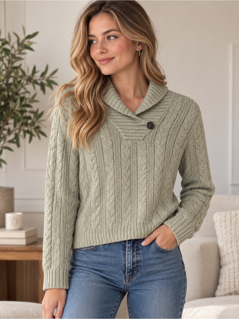 Jeanne Pierre Petite Cable Knit Sweater 100% Cotton Cowl Neck M